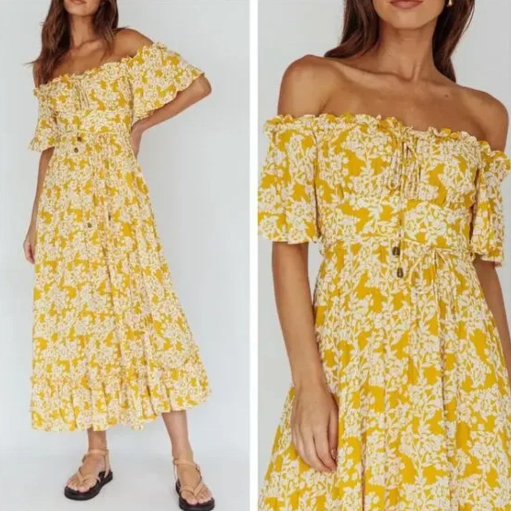 Indikah Floral Print Off Shoulder Layered Midi Dress